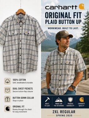 Carhartt Original Fit Plaid Button Up Shirt Gray Blue Men 2XL Workwear Casual